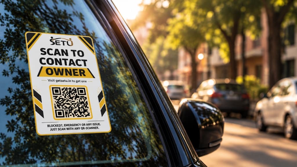 Person scanning Setu QR tag on car windshield using smartphone camera